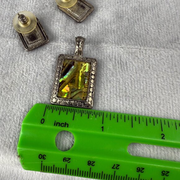 Vintage Silver Tone Pendant & Earrings Set Iridescent Abalone Shell Insets - Picture 6 of 16